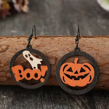 Halloween letter wooden earrings with ghost and hollow pumpkin design