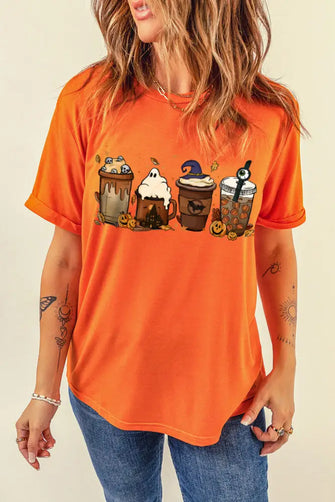 Halloween Orange Graphic T Shirt for Women with Round Neck and Short Sleeves Orange Woman T Shirts
