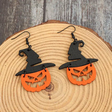 Halloween wooden pumpkin shape earrings with witch hats