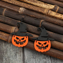 Halloween wooden pumpkin shape earrings with witch hat jack-o-lanterns
