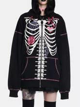 Black halloween zip-up drawstring hoodie with white skeleton graphic pink accents made of slightly stretchy material
