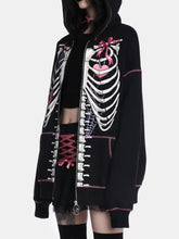 Black halloween zip-up drawstring hoodie with white skeleton print pink lace-up details and slightly stretchy material