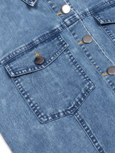 Blue denim halter neck button-front denim dress featuring silver-toned buttons and stitched pocket details