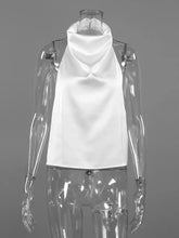 White satin halter neck cami featuring a high draped collar in a sleek satin halter neck design