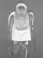 White sheer top with a high neckline and fitted silhouette styled as a satin halter neck camisole