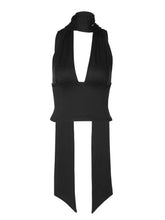 Black satin halter neck tie cami with deep v-neckline and flowing side ties for elegant evening wear