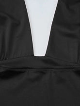 Black satin halter neck tie cami dress with a deep v-neckline and adjustable neck tie for elegant occasions