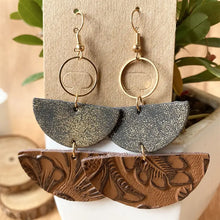Handcrafted semicircle drop earrings in gray glitter leather with gold accents