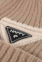 Happy Contrast Beanie with beige white striped knit and black embroidered HAPPY patch
