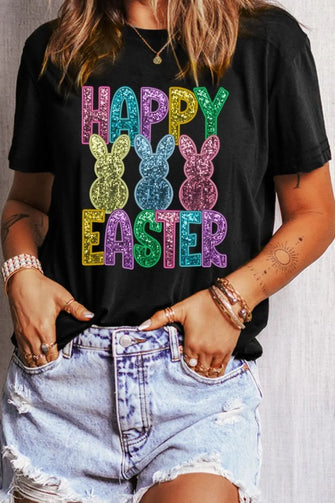 Happy Easter Bunny Black Sequin T-Shirt for Women Black