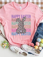 Pink Happy Easter Round Neck Short Sleeve T-Shirt with Leopard Print Bunny