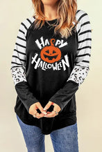 Happy Halloween graphic long sleeve black t-shirt with striped sleeves and leopard cuffs