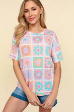 Haptics flower print round neck short sleeve T-shirt with crochet pattern