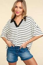 Haptics full size striped dropped shoulder half sleeve T-shirt in white and black stripes with V-neck collar