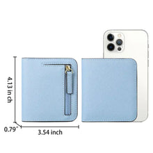 Light blue textured Hardware Buckle Card Case wallet with gold zipper and black stitching