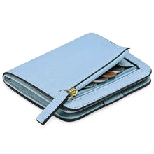 Light blue textured Hardware Buckle Card Case wallet with black trim and gold zipper