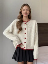 Heart Button Up Knit Cardigan with cream knit, red heart button trim