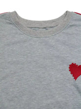 Gray heathered cotton heart embroidered round neck sweatshirt with a red patch and slightly stretchy material