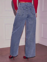 Back side of light blue wash heart high waist wide leg denim jeans with classic pockets and belt loops