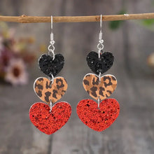 Heart leather drop earrings with black glitter, leopard print, red glitter
