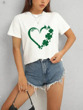 Women’s white Heart Lucky Clover Round Neck Short Sleeve T-Shirt