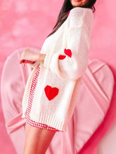 Heart print dropped shoulder cardigan with red hearts and gingham trim
