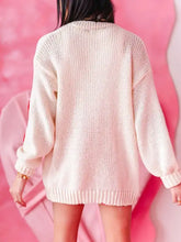 Heart print dropped shoulder cardigan in soft off-white ribbed knit