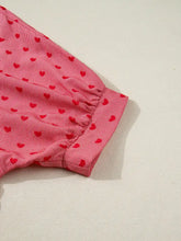 Pink gingham heart print button-down shirt with small red hearts and gathered elastic cuff detail