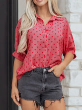 A vibrant coral pink heart print button lightweight blouse with red hearts for stylish casual wear