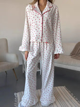 Heart Print Long Sleeve Top and Pants Lounge Set in white with red hearts