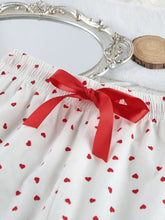 Heart print lounge set white shorts with red hearts and satin bow