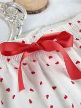Heart Print Lounge Set white shorts with red hearts and satin bow