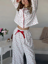 Heart Print Long Sleeve Top and Pants Lounge Set, white with red hearts and ribbon tie