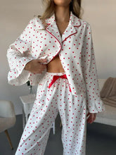 Heart Print Long Sleeve Top and Pants Lounge Set, white with red hearts and trim