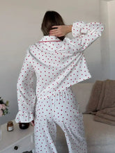 Heart Print Long Sleeve Top and Pants Lounge Set in white with red hearts
