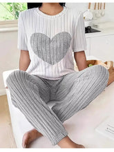 Heart Ribbed Knit Lounge Set: white top with gray heart, matching pants