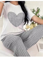 Cozy gray and white Heart Ribbed Knit pajama set with heart patch