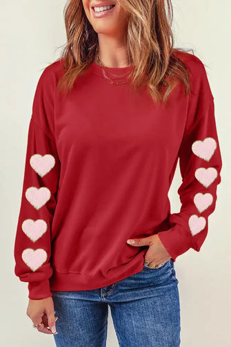Heart Round Neck Dropped Shoulder Sweatshirt Deep Red Woman Sweatshirts