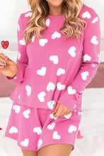 Heart Round Neck Long Sleeve Top and Elastic Waist Shorts Set Hot Pink Woman Loungewear Sets