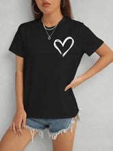 Black heart round neck short sleeve t-shirt with white graphic