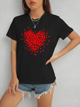 Black short-sleeve heart round neck t-shirt with red heart design