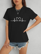 Black heart round neck short sleeve t-shirt with heartbeat graphic