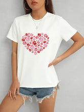 White heart round neck short sleeve t-shirt with pink red paw prints