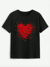 Black heart round neck short sleeve t-shirt with red heart design