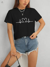 Heart round neck short sleeve black t-shirt with white heartbeat graphic