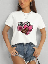 Heart round neck short sleeve T-shirt with white fabric, hearts graphic, and pink flower