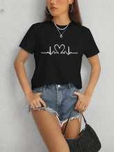 Heart round neck short sleeve black t-shirt with white heart-rate graphic