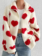 Heart Zip Up Drop Shoulder Furry Jacket Woman Outerwear