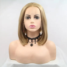 Heat safe blonde straight bob wig on mannequin with black choker
