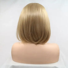 Heat safe blonde straight bob wig, shoulder length on mannequin